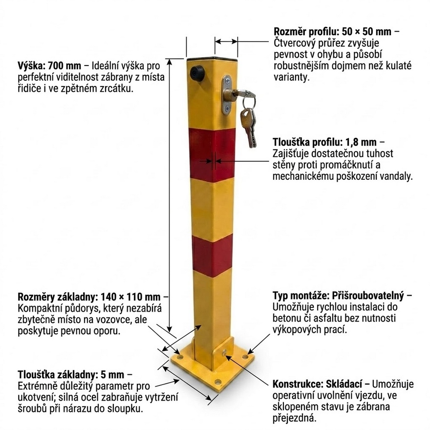 Parkovací zábrana AT PARK zahrazovací sloupek, 700 mm, skládací, přišroubovatelný